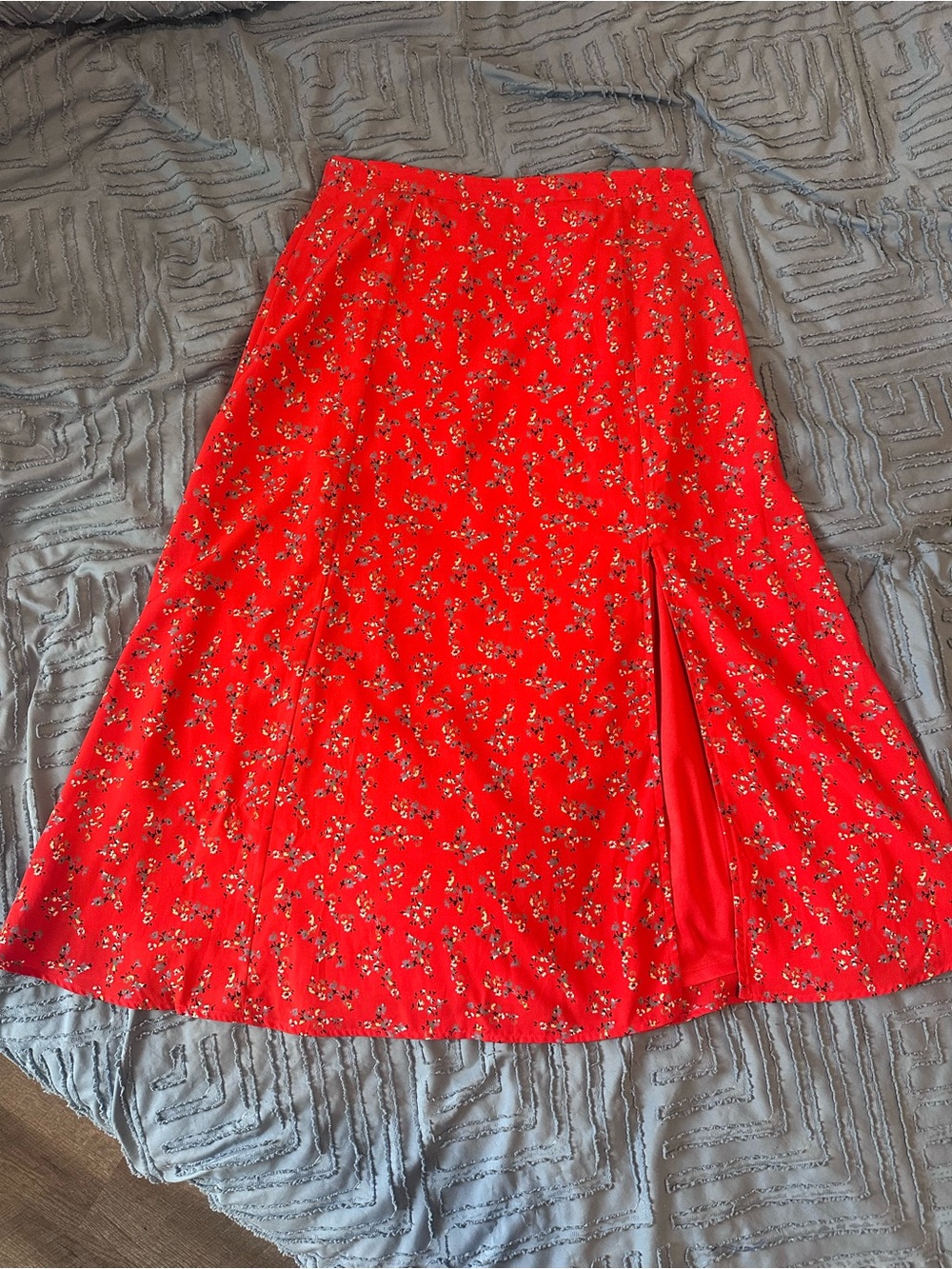 Lulu's Red Floral Midi Skirt with Side Slit